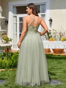 Elegant Sleeveless Criss-Cross Backless Lace & Mesh Mint Green Bridesmaid Dress, Suitable For Weddings And Parties - Mint Green - View 2