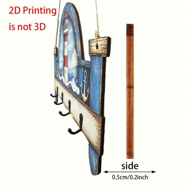 2D flacher Ozean Leuchtturm minimalistischer mehrfarbiger Holz Schlüsselhalter mit 4 Metallhaken für Wanddekoration, Veranda-Dekoration und Raumakzente, Küstenthemen Heimorganisator für Flure, Eingangsbereiche, Wohnzimmer, Schlafzimmer und Villeneinfahrten, Maße 25 x 20 cm, leicht und einfach zu montieren, inspirierender Meeresstil für Frühlings- und Sommerheimdekoration