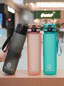 1pc 1000ml/750ml Outdoor Large Capacity Sports Water Bottle, 32oz/26oz, Direct Drinking Mouth Design, Handle Strap, Printed Logo, Plastic Portable Leak-Proof Screw Cap, Suitable For Hiking, Running, Cycling