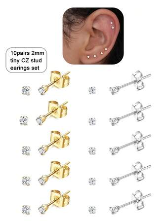 10 Pairs Tiny 2mm Stainless Steel Stud Earrings Set For Women Men, 20G Small Stack Round Cubic Zirconia Earrings For Multiple Piercing, Hypoallergenic Piercing Studs For Sensitive Ears Gold/Silver
