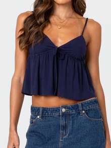 Women's Y2K Flowy Babydoll Cami Top Sleeveless V Neck Tie Front Crop Top Ruffle Hem Peplum Tank Shirt Summer Going Out Camisole Beachwear - 藏蓝色 - 查看 2