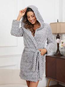 Furry Hooded Waist Tie Casual Sleepwear Fluffy Robe, Fall Winter, Cozy Outfits - Grey - View 5