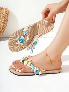 Fashionable & Versatile Women's Natural Seashell, Starfish & Faux Pearl Pendant, Woven Design Flat Casual Beach Sandals Women's Soft Bottom Non-Slip Flat Flip Flops, Suitable For Women And Girls, Summer Beach - Multicolor - View 3