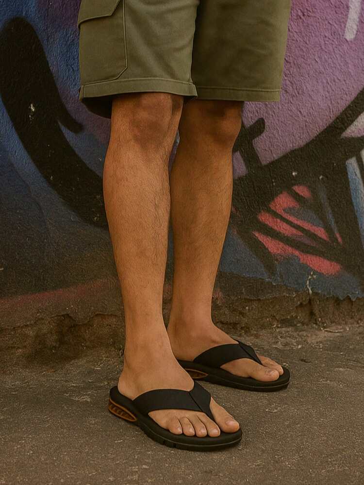 Men's Street Flip Flops, Soft Insole, Durable Sole, Urban Colors, Sizes 37 To 44, Comfortable - 黑色+金色 - 查看 2