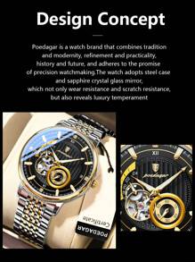 POEDAGAR 1pc Business Men's Stainless Steel Automatic Skeleton Tourbillon Mechanical Wrist Watches, Casual Man Wristwatch With Waterproof Luminous Function, Fashionl Male Watch Suitable For Daily Occasion, Gifts For Men