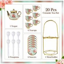 20-Piece Porcelain Tea Set With Metal Stand - Elegant European Floral Tea Cups & Saucers Set, Gold-Trimmed Coffee Service W/ EPS Foam Packaging, Stackable Porcelain Cups & Saucers For Afternoon Tea Gift - 款式2 - 查看 5
