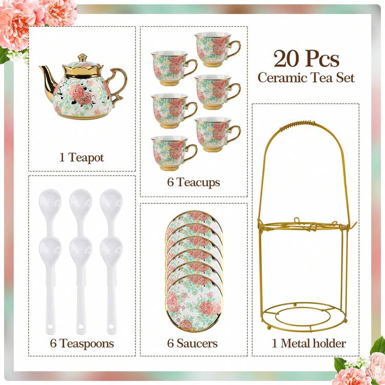 20-Piece Porcelain Tea Set With Metal Stand - Elegant European Floral Tea Cups & Saucers Set, Gold-Trimmed Coffee Service W/ EPS Foam Packaging, Stackable Porcelain Cups & Saucers For Afternoon Tea Gift - 款式2 - 查看 5