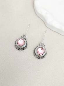 1 对波西米亚风格圆形海蓝宝石锆石雕刻吊坠耳环，适合女性日常、派对、旅行珠宝礼物 - 銀色 - 查看 5