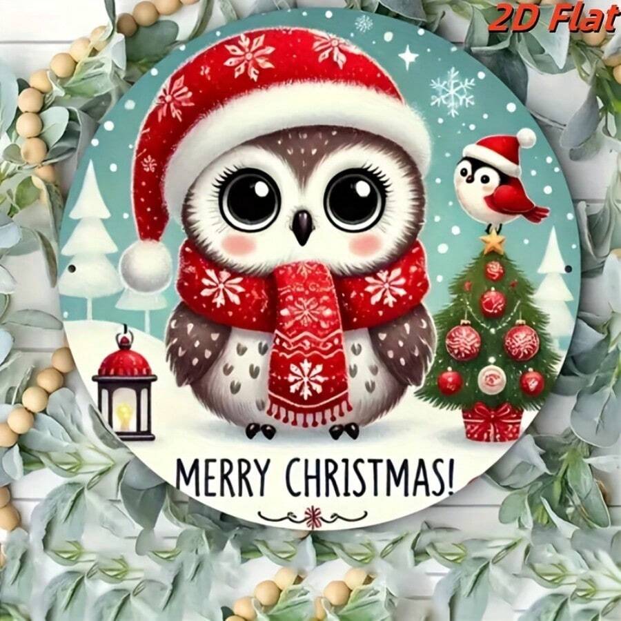 1 pieza Decoración de pared de metal con búho vintage de Navidad en 2D - Letrero redondo navideño con gorro de Papá Noel, bufanda roja y texto "Feliz Navidad" - Fondo azul verdoso - Ligero y fácil de colgar en el hogar, estilo rústico, bar, club - Sin necesidad de cableado - Decoración festiva, decoración navideña, acento estacional para el hogar, escena invernal nevada, detalle de corona decorativa, 2D plano