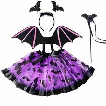 4 件套万圣节蝙蝠头带、蝙蝠魔杖、蝙蝠翅膀、蝙蝠印花网眼裙套装，带衬里的裙子，适合万圣节、狂欢派对装扮 - 彩色 - 查看 2