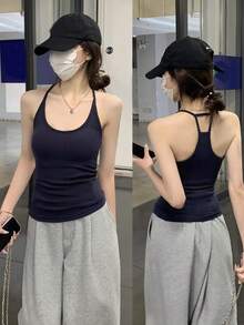 Summer Korean Style Fitted Padded Chest Versatile Backless Camisole Tank Top - Navy Blue - View 2