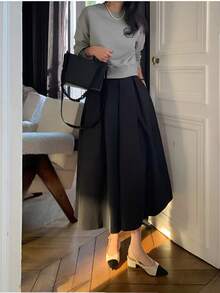 黑色褶皱宽松休闲长款连衣裙（春季款） - 黑色 - 查看 3