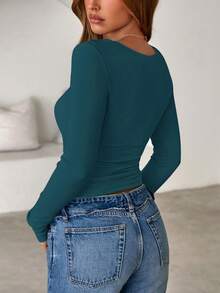 Women Spring And Fall Long Sleeve Shirts Ribbed Crewneck Fitted Basic Tee Going Out Tops Casual Workout Vacation Outfits - 孔雀藍 - 查看 2