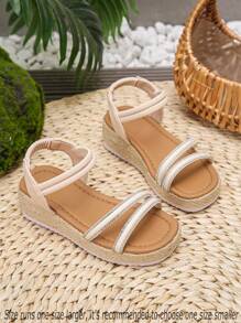 1 pereche de sandale albe cu strasuri pentru fete adolescente, sandale de plajă la modă cu vârf pătrat și talpă groasă, pantofi de vară confortabili și ușori din frânghie țesută pentru școală și purtare zilnică