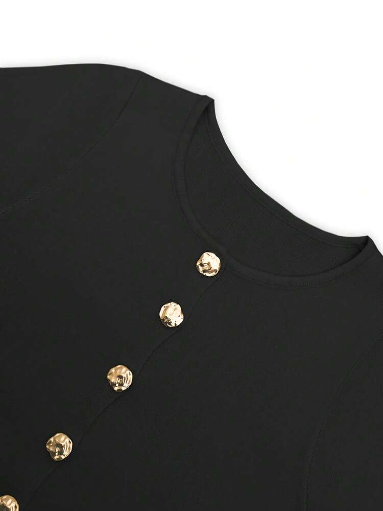 Vintage Chic Fashionable Metal Button Down Open Front Solid Color Long Sleeve Round Crew Neck Thin Cardigan, Slim Modest Elegant Minimalana Casual Knit Sweater For Women, Spring Autumn Winter Black - Black - View 5