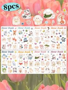 8pcs Graffiti Animal Floral Stickers One Time Use Self Adhesive Cute Art Design Pattern Suitable For Scrapbooking Fridge Organiser Table Bookshelf Luggage Guitar Decoration Decals Not Repeat Perfect For Party Supplies
