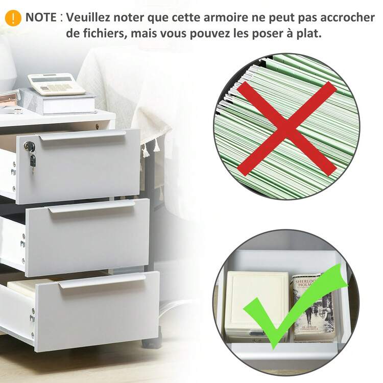 HOMCOM Caisson de bureau à roulettes caisson de rangement mobile avec 3 tiroirs et serrure pour dossiers gris et blanc - Weiss - Übersicht 9