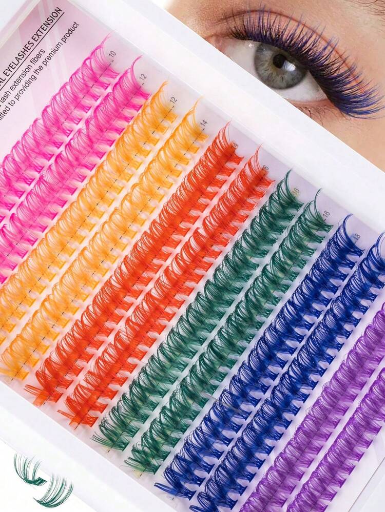 240 piezas Pestañas postizas de racimo individual de 6 colores mixtos, D-Curl de 14mm, pestañas de racimo coloridas DIY, naturales y delicadas, ultra suaves y ligeras, colores arcoíris, pestañas individuales reutilizables, adecuadas para principiantes para uso diario, fiesta, festival de música y Halloween - Multicolor - Añade 3