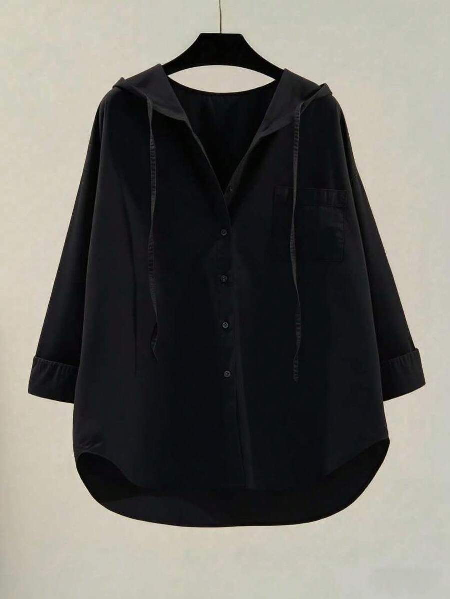 Chemise décontractée à manches longues pour femmes, de couleur unie avec poche avant et boutons