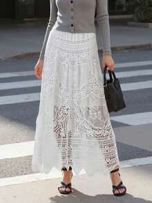 Women's Summer A-Line Skirt Long Crochet Boho Flowy Skirt For Travel, Beach, Shopping - trắng - Xem 5