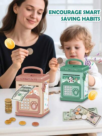 NEUSNEY Large Capacity Children's Piggy Bank, Electric Coin Saving Box With Manual Roll Money, Password & Fingerprint Unlock, Simulated Sound Effects, Kids Gift For Christmas, Halloween