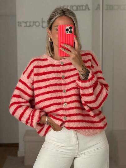 Women's Retro Striped Cardigan, Casual Daily Wear, Suitable For Spring/Autumn/Winter, Ideal For Valentine's Day Outfit