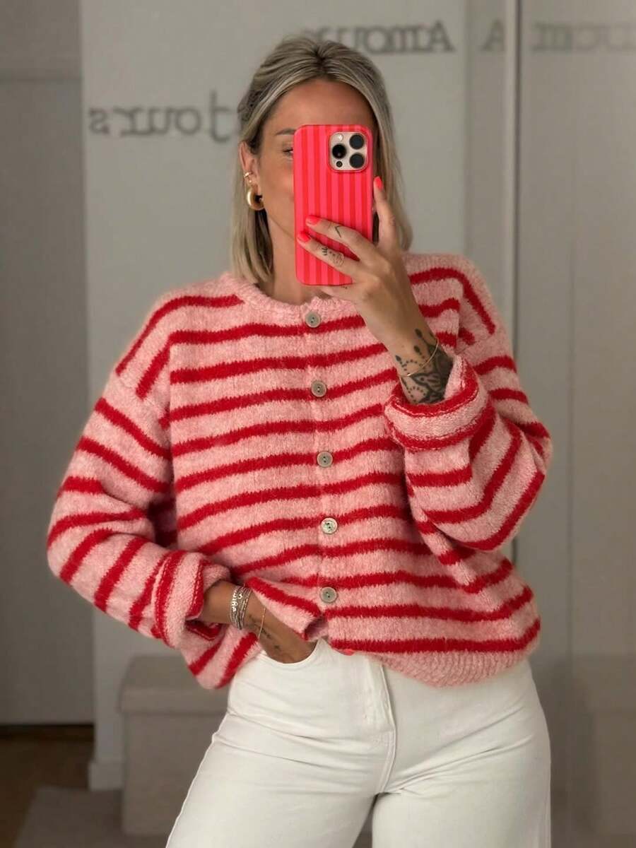 Women's Retro Striped Cardigan, Casual Daily Wear, Suitable For Spring/Autumn/Winter, Ideal For Valentine's Day Outfit - Red - View 1