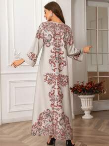 女士印花圆领钻石和珍珠装饰长袖 Jalabiya 连衣裙，优雅大方 - 2406-3 - 查看 5