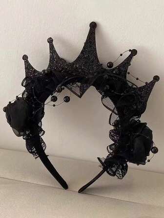 1pc Black Rose Lace Crown Headband, Halloween Dark Floral Queen Hair Accessory, Suitable For Party, Christmas Wear, Gift