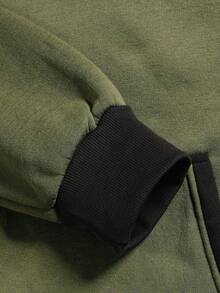 男士时尚休闲撞色抓绒连帽衫和运动裤套装，冬季 - 軍綠色 - 查看 7