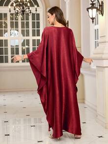 Elegant Women's Burgundy Satin Kaftan Robe, Batwing Sleeve Casual Dress Eid Spring - Màu Đỏ Sâu - Xem 2