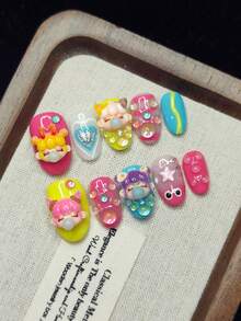 10pcs Handmade Wearable Nail Stickers, 3D Colorful Bubblegum Girl Pattern, Bright & Cheerful, Adorable & Charming, Gift For Girls, Reusable, Press-On Acrylic Nail Art Decals, Cute Nail Accessories - Multicolor - View 2