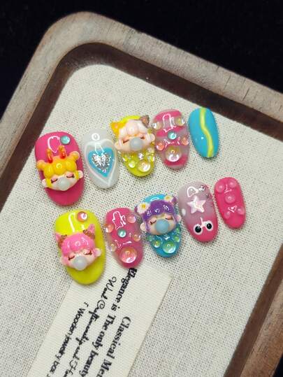 10pcs Handmade Wearable Nail Stickers, 3D Colorful Bubblegum Girl Pattern, Bright & Cheerful, Adorable & Charming, Gift For Girls, Reusable, Press-On Acrylic Nail Art Decals, Cute Nail Accessories