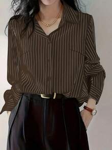 Áo sơ mi nữ cỡ lớn kẻ sọc dáng casual cổ bẻ, thích hợp mặc đi làm, mùa xuân/hè. - Màu nâu Sô-cô-la - Xem 4