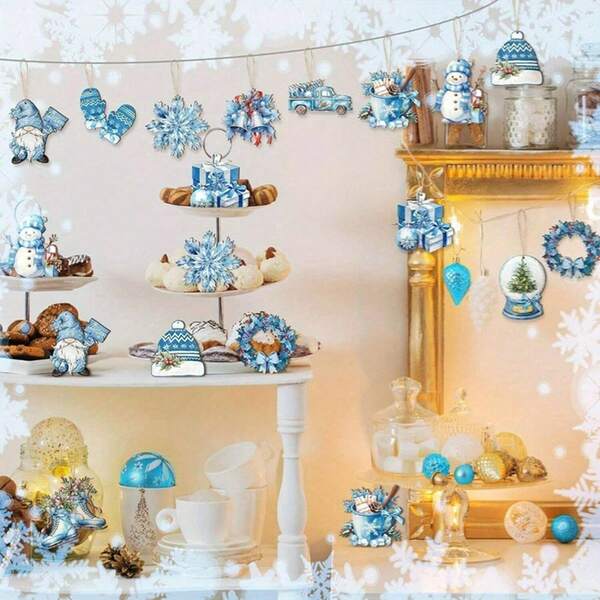 36 Stück Holz Weihnachtsdekoration, blaue Schneeflocke, Wichtel, Schneemann Hängeornamente, perfektes Geschenk für Feiertage und Weihnachtsbaum, Geburtstagsgeschenk, verschiedene Stile zufällig versendet, Frohe Weihnachten