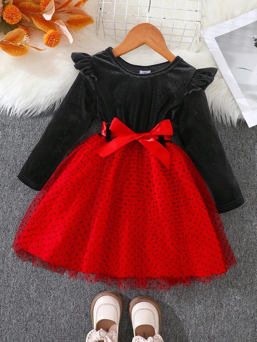 Vestido largo de manga larga de malla con lunares rojos y negros de terciopelo holgado y suelto con manga de campana para niñas, elegante para exteriores en otoño