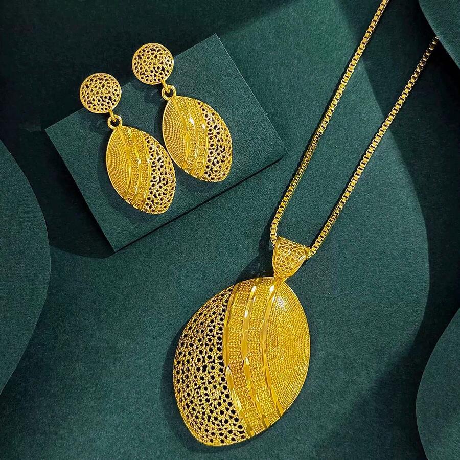18 Karat Gold Dubai Schmucksets für Frauen, Kupferohrringe, Anhänger Halskette, romantische Sets für den täglichen Gebrauch, Partymode, goldener Modeschmuck als Geschenk - Gold - Übersicht 1