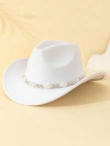 A Fashionable And Colorful Upturned Hat Decorated With White Turquoise Beads, A Western Cowboy-Style Felt Hat, Suitable For Men, Women And Teenagers For Outdoor Vacations, Grasslands, Christmas And Halloween Parties, And Festival Outfits (Plastic Hard Hat Tray + Wrapped With Cling Film) - White Turquoise Beaded Hat - View 14