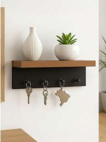 Minimalist Key Holder For 4 MDF Keychains Louro Freijó - Black - View 1