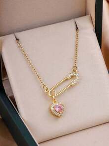 1 件时尚别针心形锆石项链，不锈钢链配铜吊坠，镶嵌优质方晶锆石，适合女性的礼物，日常佩戴 - 別針 - 查看 2
