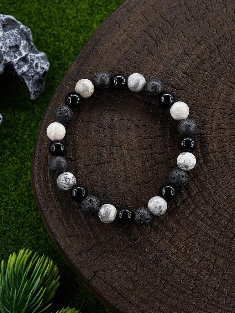8毫米男士时尚休闲串珠手链地图碧玉、熔岩石和黑曜石水晶治愈力手链，天然石手链，精神清晰度和焦点珠宝礼物 - 彩色 - 查看 4