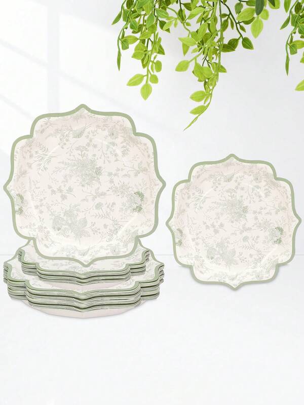 10 件/20 件/50 件鼠尾草绿色花卉派对盘白绿色印花纸盘花叶 9 英寸扇形边缘餐盘适用于新娘送礼会婚礼茶会用品餐桌装饰圣诞新年食物零食糖果纸盘托盘
