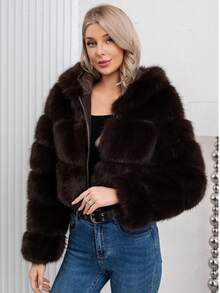 Elegant Women Brown Fashion Warm Faux Fur Hooded Regular Length Long Sleeve Regular Sleeve Coat For Winter Christmas And New Year - Coffee Brown - View 6
