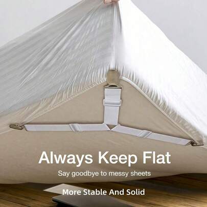 Bộ 4 kẹp tam giác giữ ga trải giường, kẹp ga trải giường màu trắng, dây chun điều chỉnh được, kẹp ga trải giường chắc chắn với kẹp kim loại, dụng cụ cố định chăn ga bằng dây chun điều chỉnh được, dụng cụ giữ ga trải giường chống trượt tiện dụng, thích hợp cho đệm sofa, chăn ga, đồ dệt gia dụng, đồ dùng gia đình