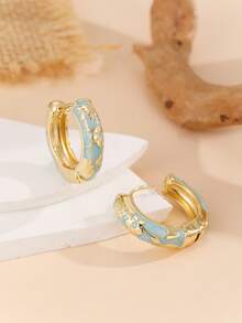 1 Pair Fashion New Style Gold Plated Copper Material Flower Pattern Enamel Cloisonne Hoop Earrings Jewelry For Women Girls