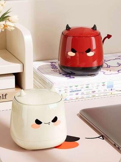 1pc Halloween Cute Desktop Trash Can - Press-Open Mini Bin, Desktop Storage Box, Perfect Decor & Gift (Milky White/Bright Red) For Desk, Office, Bedroom.