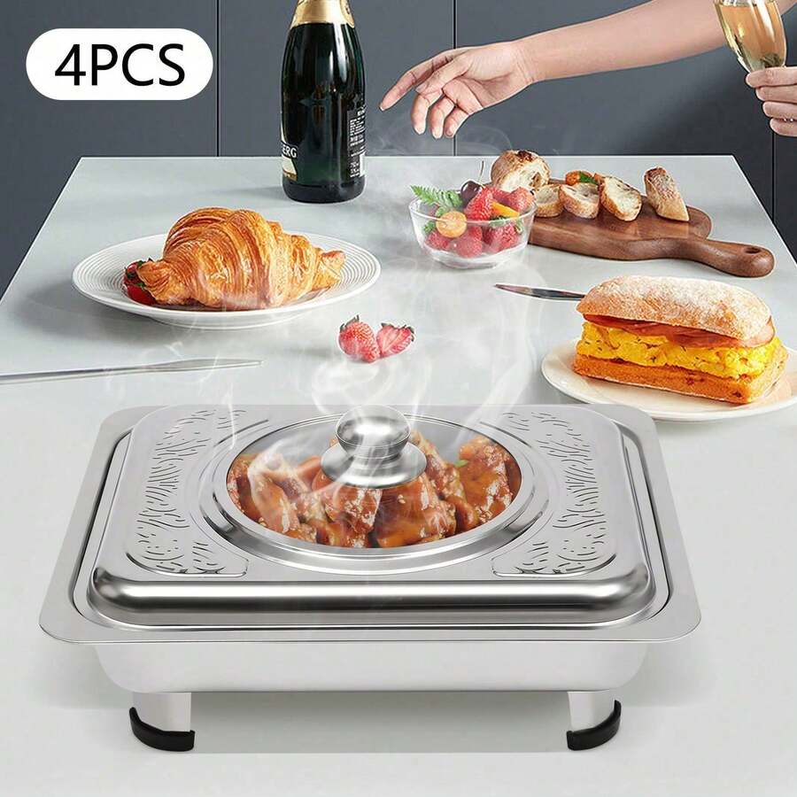 4pcs Chafer Pan Food Buffet Trays With Lid - Rectangular Chafing Dish Trays Buffet Tray Chafing Dish Food Warmer Rectangular Food Plate Stainless Steel - Silver - View 1