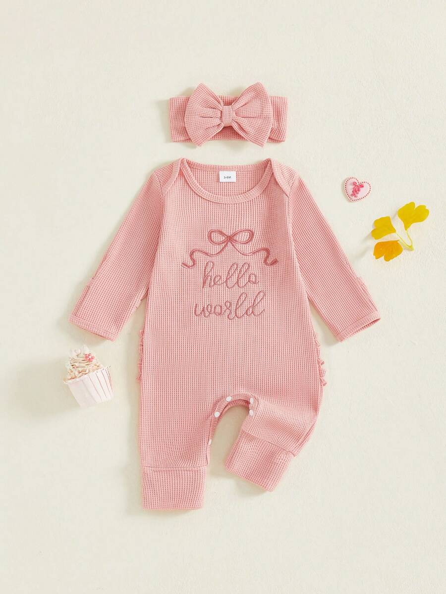 Nebworn Baby Girl Waffle Knit Romper Long Sleeve Ruffle Fall Winter Clothes Coming Going Home Outfit - 粉色 - 查看 1