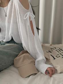Off-The-Shoulder Thin Sheer Slit Loose Long Sleeve Knit Sweater - White - View 3