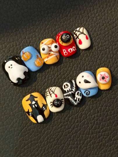 Parches de arte de uñas de Halloween, 10 piezas de parches de arte de uñas redondos cortos, arte de uñas pintado brillante de Halloween, uñas postizas cortas, arte de uñas con diseños de fantasma, calabaza, araña y ojo, parches de uñas falsas de colores misteriosos, suministros de uñas acrílicas, parches de arte de uñas tridimensionales hechos a mano, parches de arte de uñas para regalo de vacaciones de Halloween